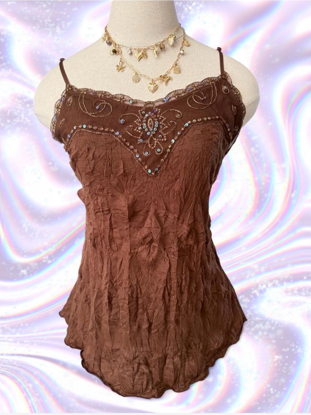 Y2K Embellished Brown Spaghetti Strap Women's Top